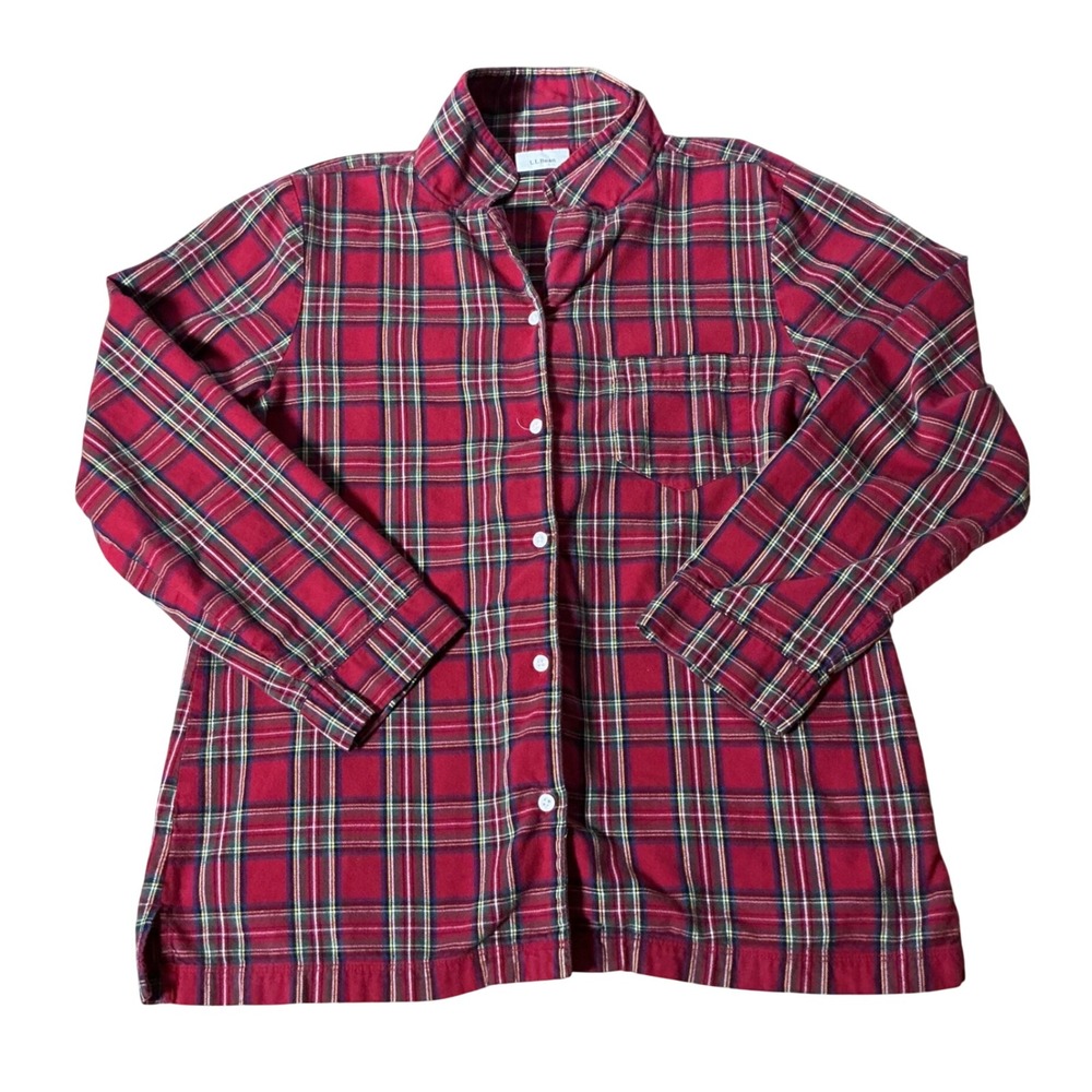 LL Bean Womens Red Tartan Plaid Flannel Pajama Top‎ Button Front M 277969